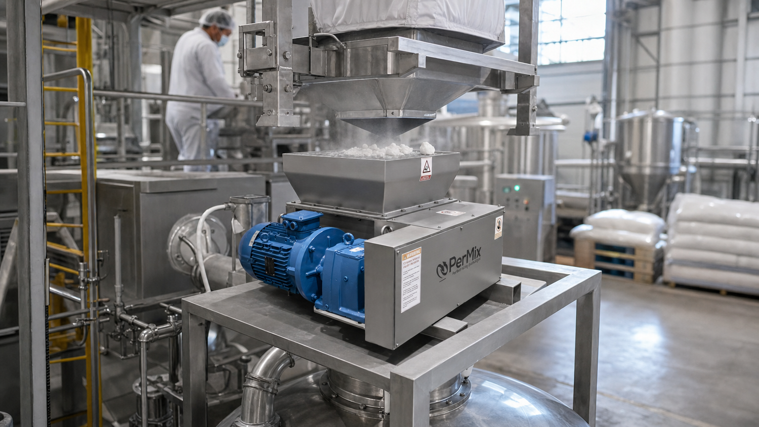PerMix lump breaker installed under a bag dump station in a powder plant, breaking caked lumps before they reach the mixer