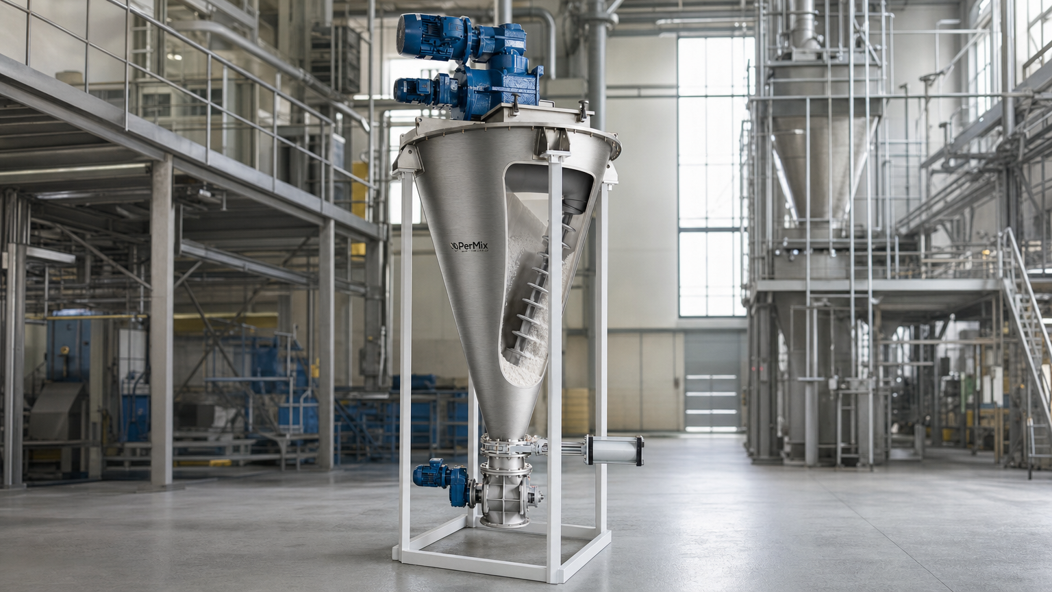 Cutaway view of a PerMix conical screw mixer showing the orbiting screw lifting powder up along the cone wall, with twin top gear motors and a bottom discharge valve