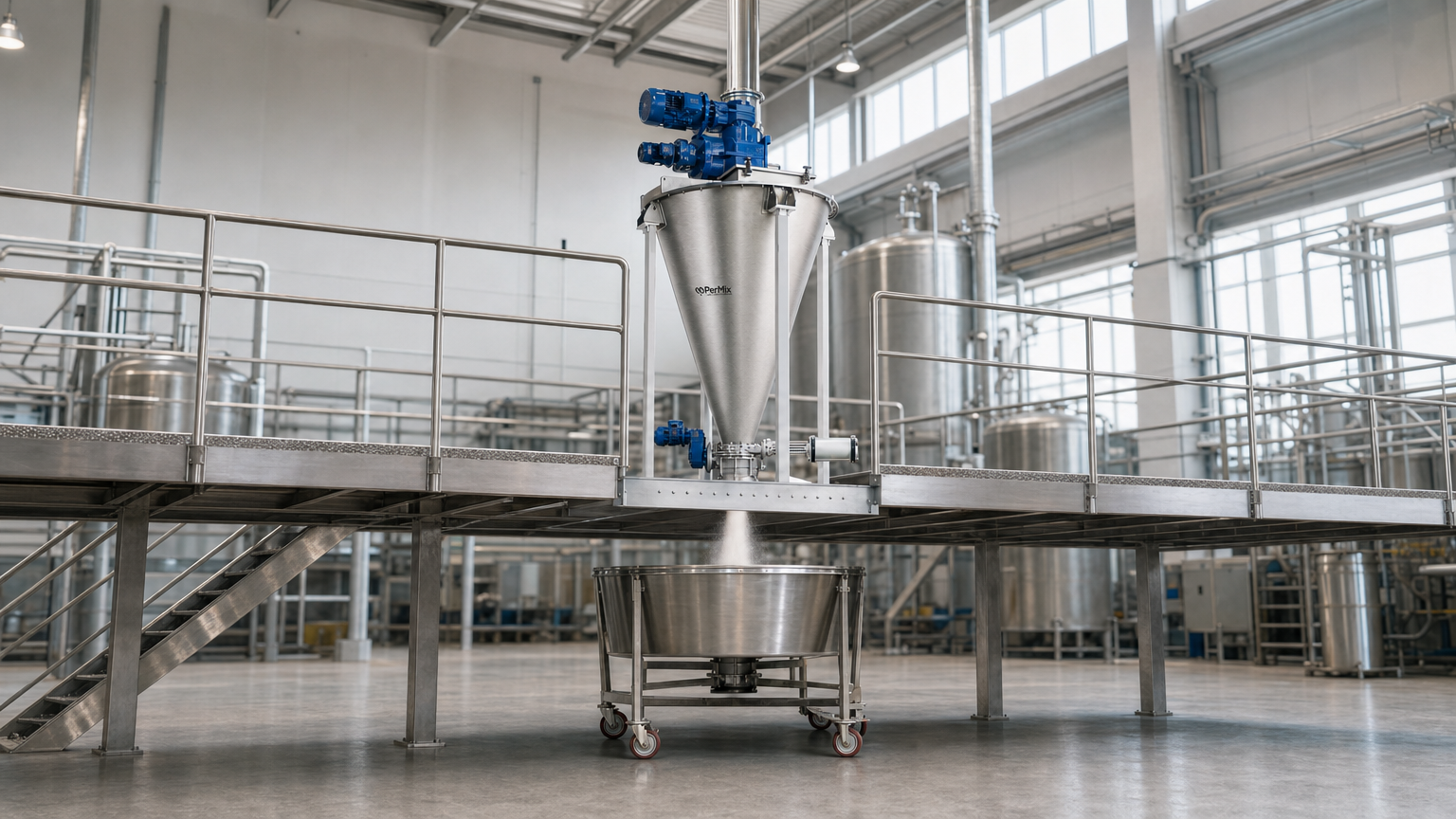 PerMix conical screw mixer on a mezzanine discharging powder into a mobile bin